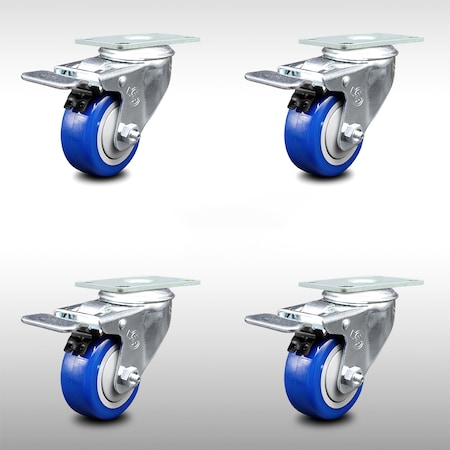 Service Caster 3.5 Inch SS Blue Polyurethane Top Plate Caster Set Total Lock Brake SCC SCC-SSTTL20S3514-PPUB-BLUE-4